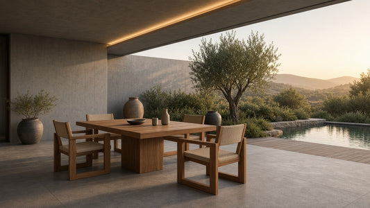 Rinjani Fortuna teak dining golden hour patio lifestyle v2
