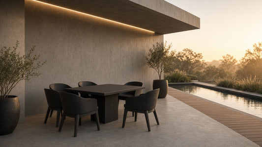 Portals Dark 4-seater dining golden hour patio lifestyle v2