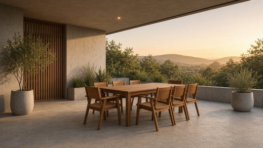 7-piece acacia dining golden hour patio lifestyle v2