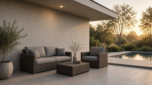 PE wicker 2-seater outdoor sofa set with grey cushions on covered patio at golden hour