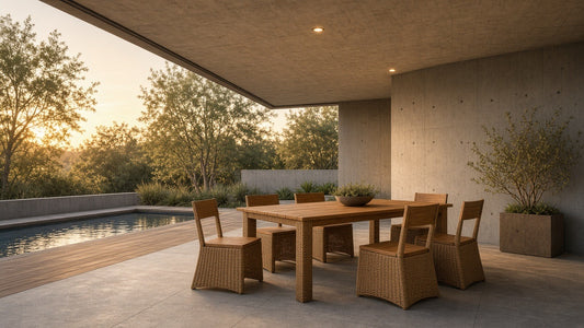 Acacia rattan 7-piece dining golden hour patio lifestyle v2