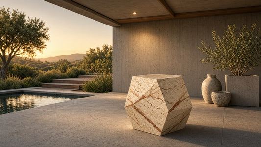 Faceted travertine side table golden hour patio lifestyle v2
