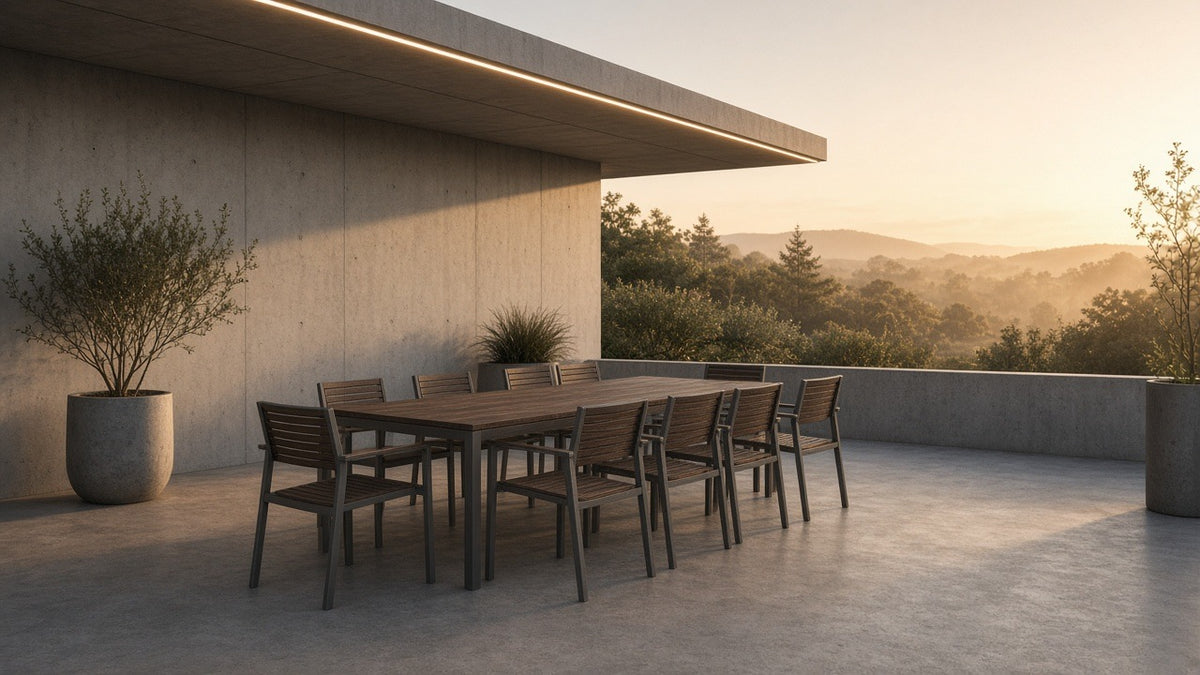 Portals Dark Lite dining golden hour patio lifestyle v2