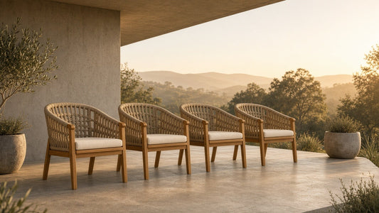 Braided Acacia Wood Outdoor Dining Chairs Set of 4 - Teak Look with Beige Rope & Cream Cushions - outdoor lifestyle hero
