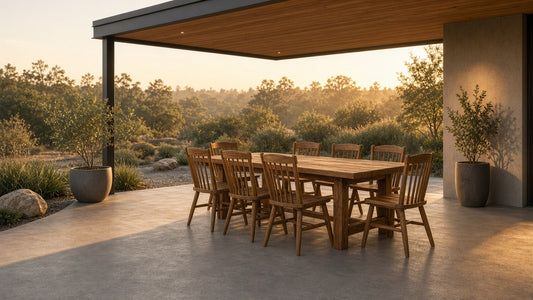 7-piece rustic acacia patio dining set on covered concrete patio at golden hour