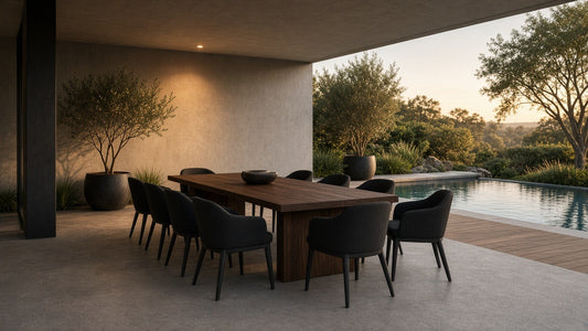 Portals Dark Nassau 8-chair dining golden hour lifestyle v2