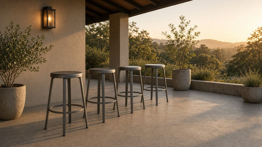 Set of 4 - 24-in. Indoor/Outdoor Backless Stacking Gunmetal Grey Metal Barstools - outdoor lifestyle hero