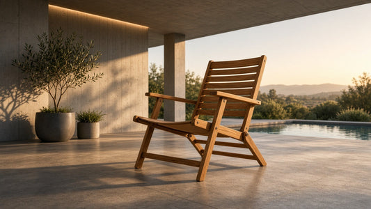Folding acacia lounge golden hour patio lifestyle v2