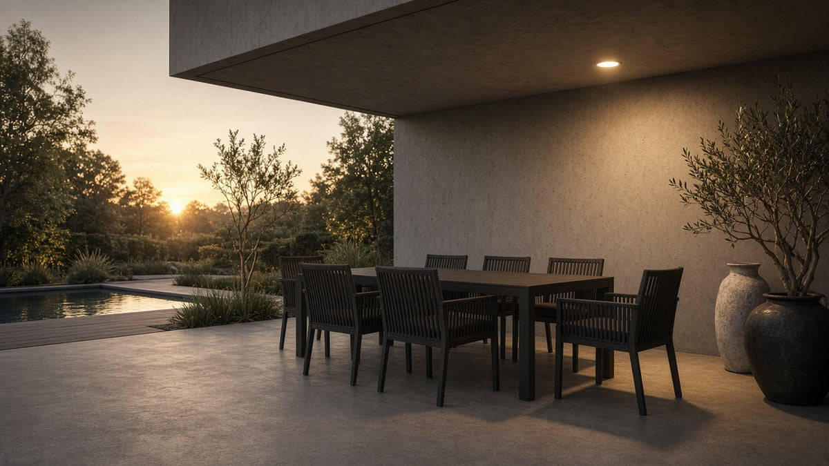 Portals Dark 9-piece dining golden hour patio lifestyle v2