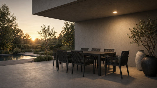 Portals Dark 9-piece dining golden hour patio lifestyle v2