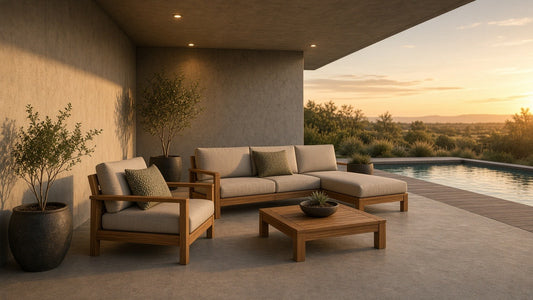 4-piece acacia wood frame outdoor sofa set on covered concrete patio at golden hour