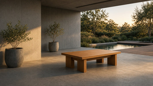 Wren teak coffee table golden hour patio lifestyle v2