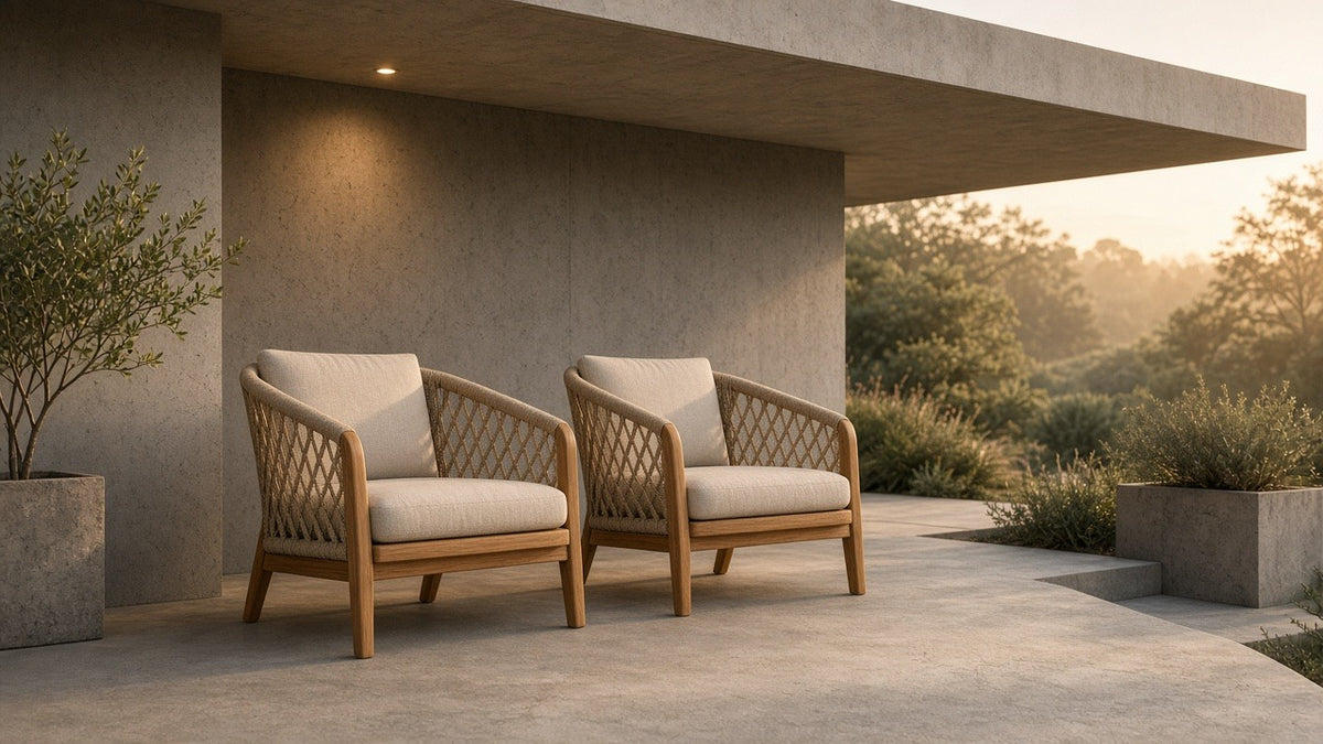 Outdoor Club Chairs (Set of 2) with Diamond-Pattern Beige Rope, Teak Finish - outdoor lifestyle hero