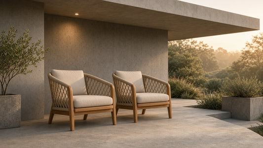 Outdoor Club Chairs (Set of 2) with Diamond-Pattern Beige Rope, Teak Finish - outdoor lifestyle hero
