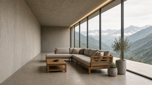L-shape acacia patio sofa mountain room lifestyle v2