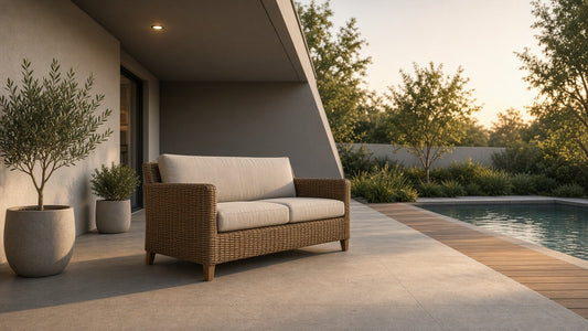 Hampton wicker loveseat golden hour patio lifestyle v2