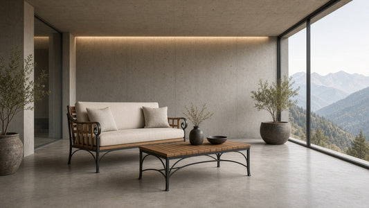 Acacia and iron outdoor loveseat with coffee table in concrete mountain-view room