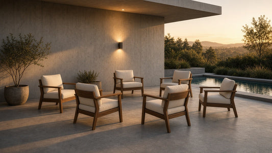 Outdoor Acacia Wood Club Armchair with Blue Cushions (Set of 4) - outdoor lifestyle hero