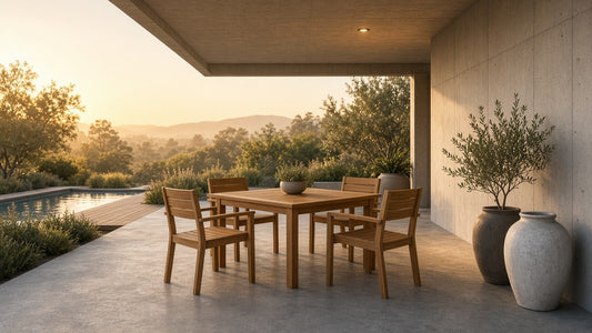 Topaz teak dining golden hour patio lifestyle v2
