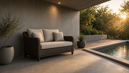 Thames outdoor patio wicker loveseat on covered concrete patio by the pool