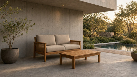 Christopher Knight teak outdoor loveseat and coffee table on covered concrete patio at golden hour
