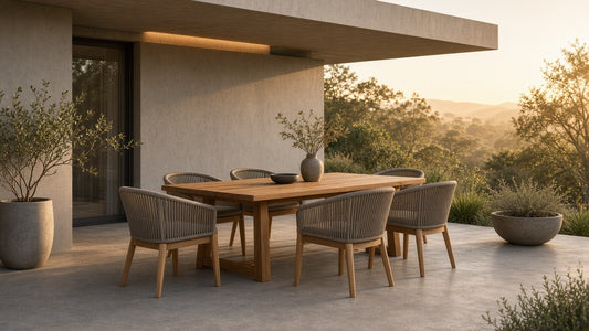 7-piece acacia dining set with rope chairs on covered concrete patio at golden hour