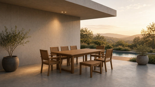 7-piece extendable acacia outdoor dining set on covered concrete patio at golden hour