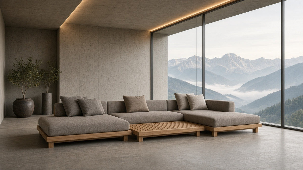Topmax large acacia daybed 6-piece patio sofa set in concrete mountain-view room