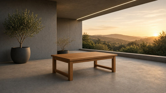 Acacia outdoor coffee table sunset patio lifestyle v2