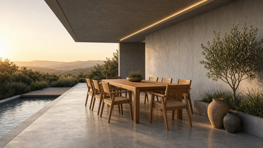 Topaz 9-piece teak dining golden hour patio lifestyle v2