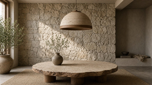 Vintage round travertine wood pendant lifestyle hero