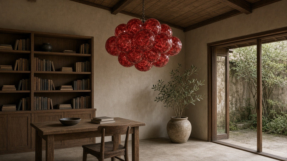 Red cloud patterned glass chandelier lifestyle hero