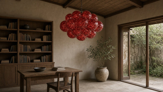 Red cloud patterned glass chandelier lifestyle hero