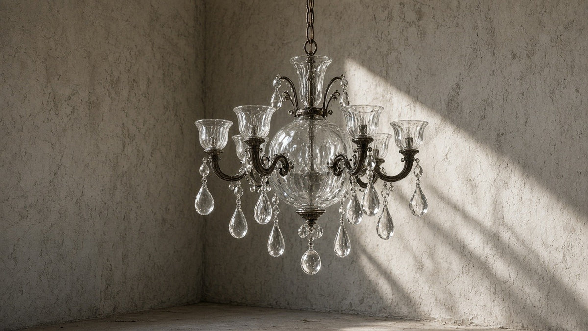 transparent-ares-murano-glass-chandelier wabi-sabi hero, oxidized metal, quiet plaster
