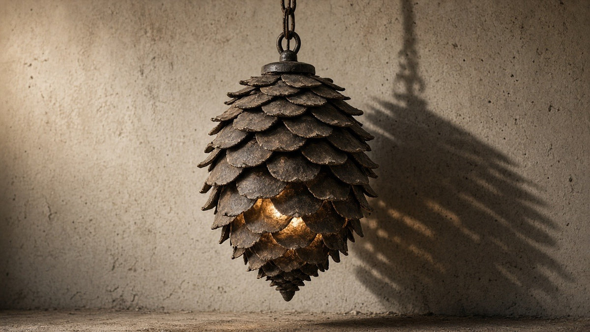 pinecone-pendant-light wabi-sabi hero, oxidized metal, quiet plaster