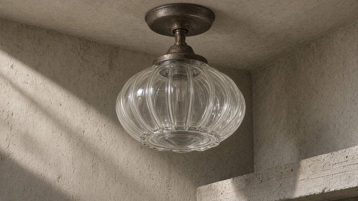 vintage-murano-transparent-glass-ceiling-light wabi-sabi hero, oxidized metal, quiet plaster
