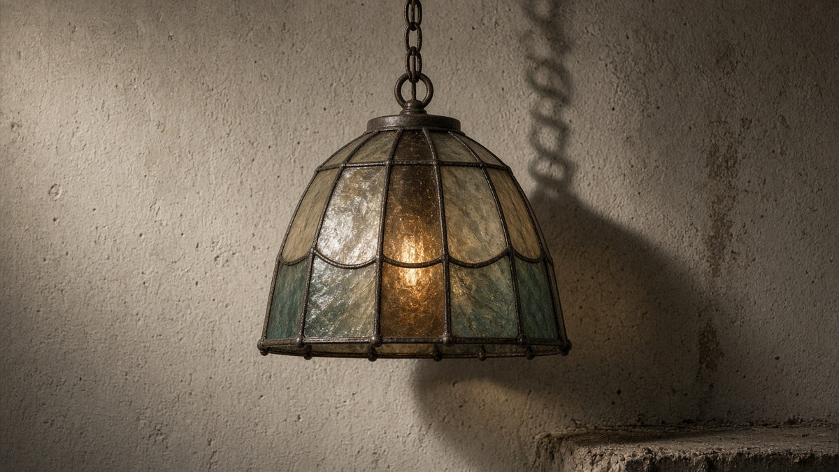 stained-glass-pendant-light wabi-sabi hero, oxidized metal, quiet plaster