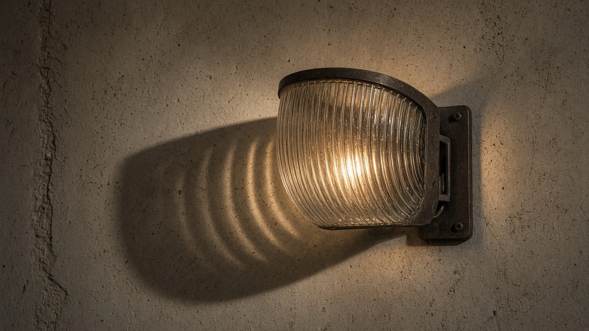 curved-ribbed-glass-texture-wall-lamp wabi-sabi hero, oxidized metal, quiet plaster
