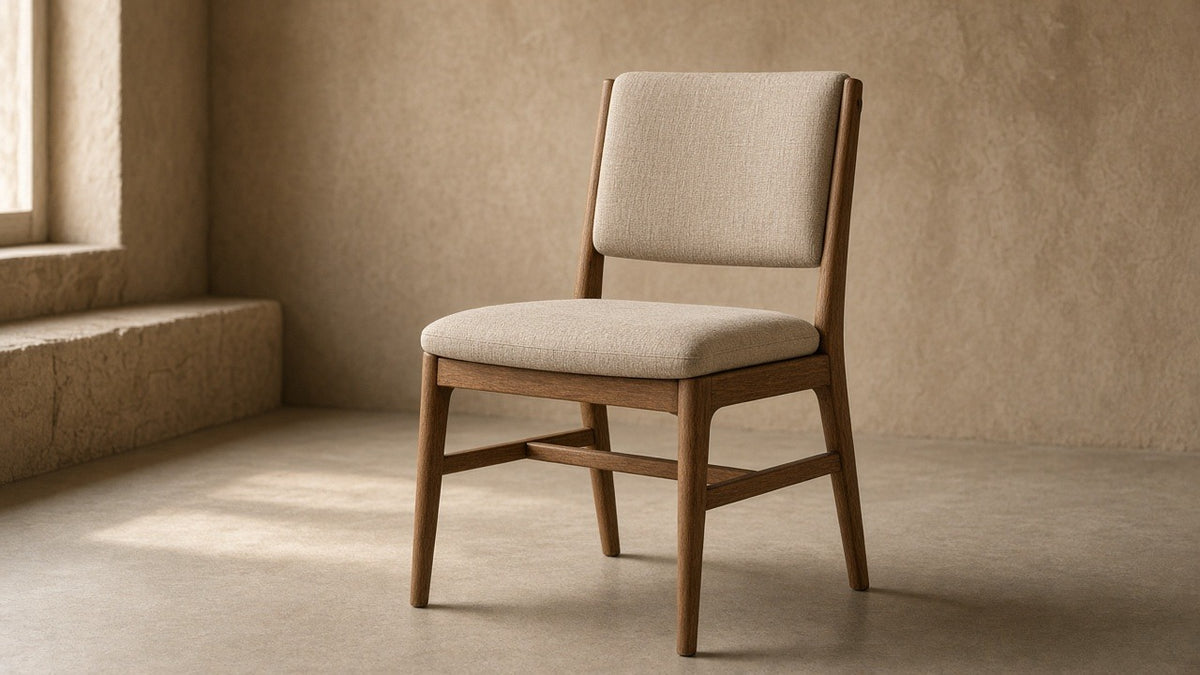 Forty West dining chair in empty dining room, warm plaster walls, soft daylight