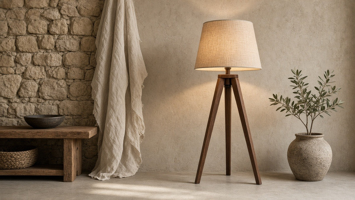 Chunky walnut tripod floor lamp in a quiet plaster living room
