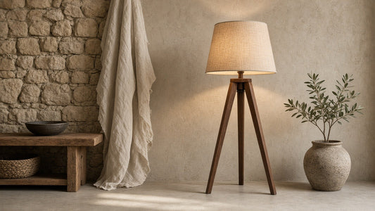 Chunky walnut tripod floor lamp in a quiet plaster living room