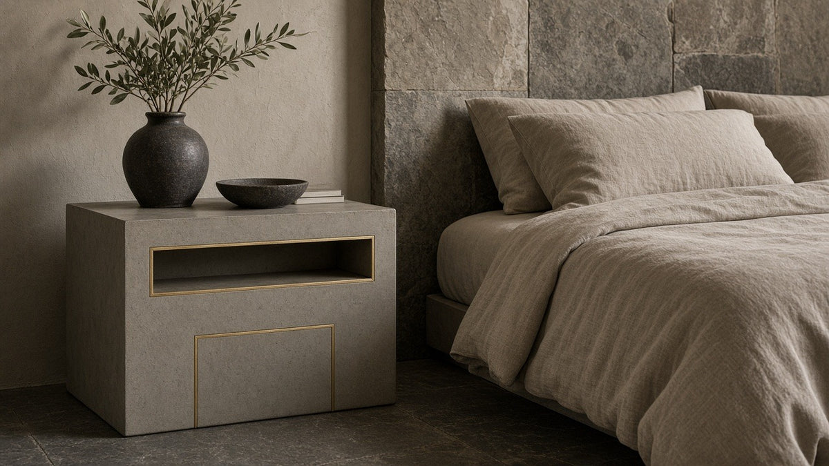 Cement and brass inlay bedside in a quiet bedroom