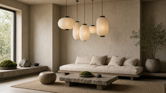 Minimalist paper lantern lamps in a quiet wabi-sabi living room