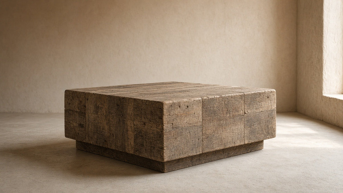 Reclaimed elm block plinth table in empty room, warm plaster walls, soft daylight
