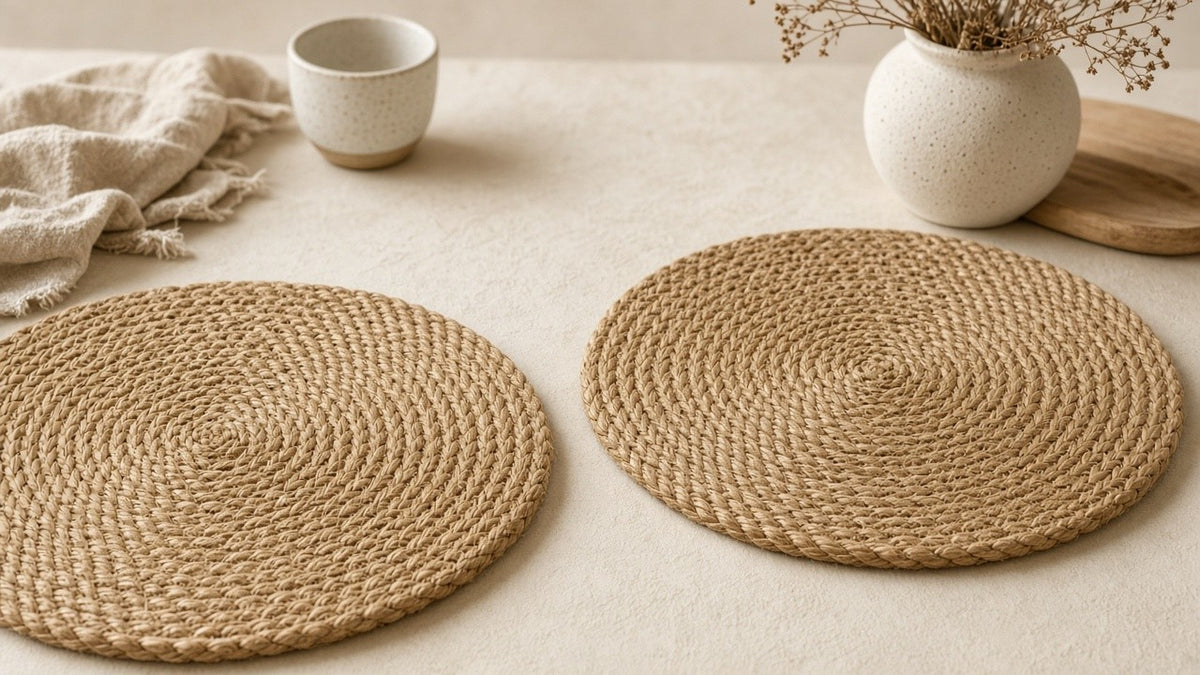 Jute braided placemats on a quiet plaster dining table