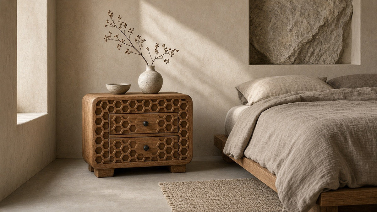 Honeycomb carved bedside with drawers in a quiet bedroom