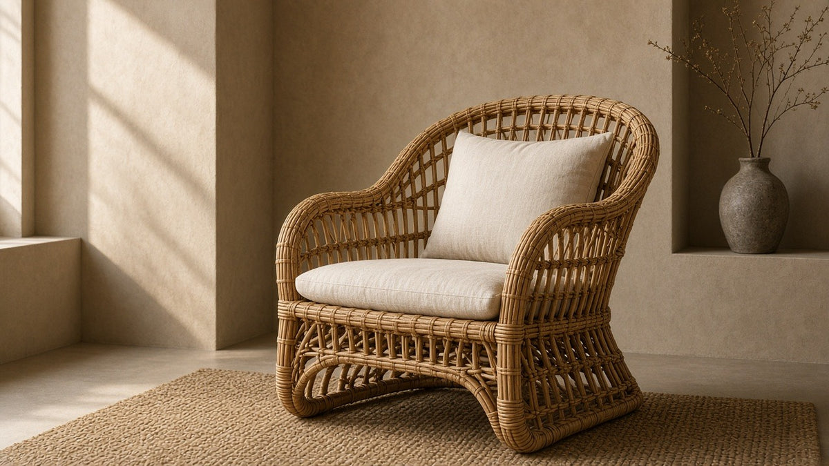 Natural rattan retro lounge chair in empty living room, warm plaster walls, soft daylight