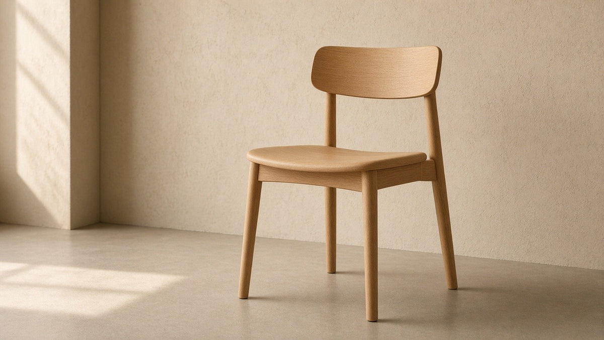 Scandinavian craftsmanship chair in empty room, warm plaster walls, soft daylight