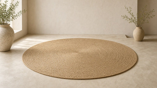 Handwoven jute round area rug in a quiet plaster room