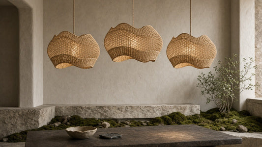 Set of three wavy-edge rattan ceiling lights in a quiet dining room